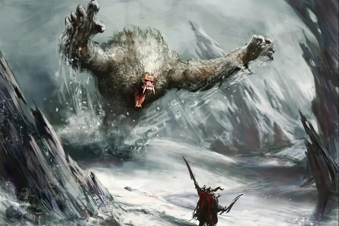 Нападение монстров. Йети вархаммер. Снежный монстр. Снежное чудовище. Снежные монстры фэнтези.