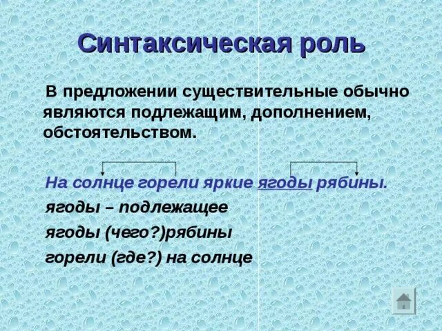 Синтаксическая роль в предложении. Имена существительные в предложении. Роль в предложениях имени сущ. Синтаксическая роль имен существительных.