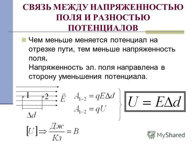 Напряжение между. Напряженность электрического поля через разность потенциалов. Формула связи напряженности и разности потенциалов. Формула потенциала через напряженность. Формула связи напряженности и потенциала.