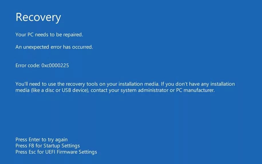 Ошибка unknown error code 0xc0000225 0xc0000225. Ошибка виндовс 10. Recovery Windows 10 ошибка. Код ошибки Windows 10. Код ошибки 0xc0000225.