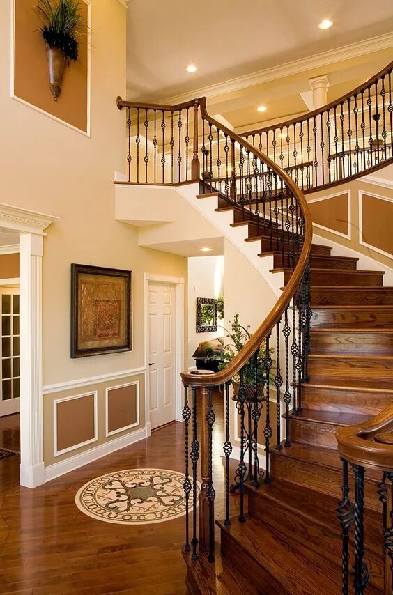 Внутренние лестницы фото Pin on Лестница Staircase design, Curved staircase, Wrought iron stair railing