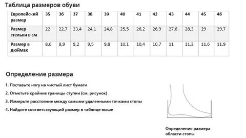 Таблица размеров обуви 39