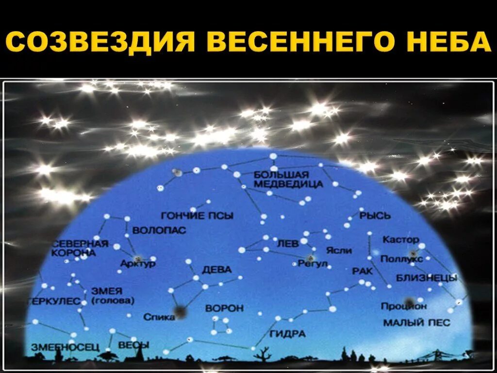 Созвездия на небе весной. Созвездия весеннего неба Северного полушария. Созвездиявнсеннего неба. Названия весенних созвездий.