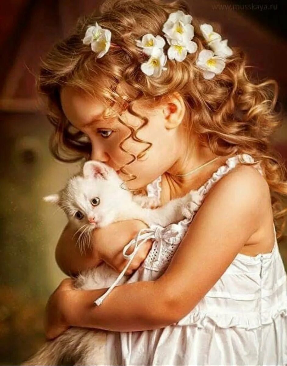Девочка с котятами. Красивые дети с животными. Девушка с котенком. Она добрая и милая