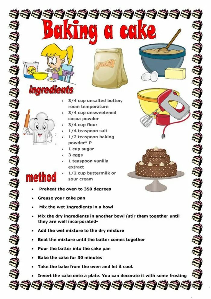 Английские слова cake. Cake английский язык. Worksheets рецепт. Recipes in English Worksheets. Recipe in English for Kids.