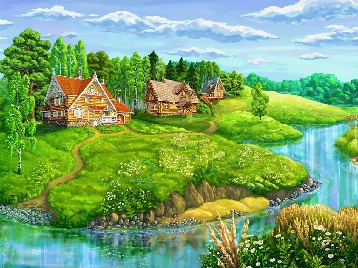 Деревня тема. Сказочная деревня. Сказочный домик в деревне. Сказочный лес с речкой. Мультяшная деревня.