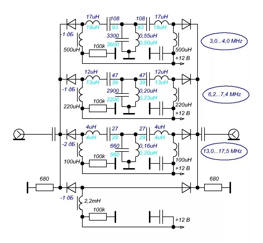 Схема полосовых фильтров трансивера. ДПФ для трансивера ra3ao. Трансивер SSB 6.1. ДПФ ra3ao схема.