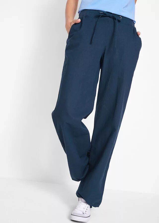 Фото широких штанов. Брюки льняные Стокманн 1862 голубые женские. Bonprix льняные брюки. Льняные брюки женские. Синие брюки женские широкие.