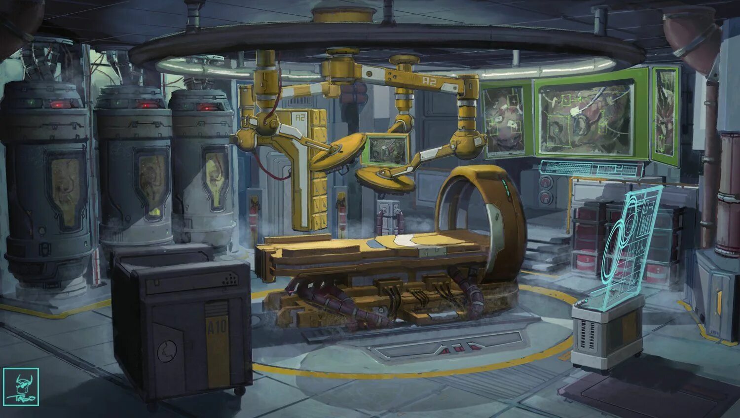Dino lab. Концепт арт sci fi лаборатория. sci-fi лаборатория sci fi laboratory concept. стазис-капсула вархаммер. лаборатория фэнтези киберпанк.