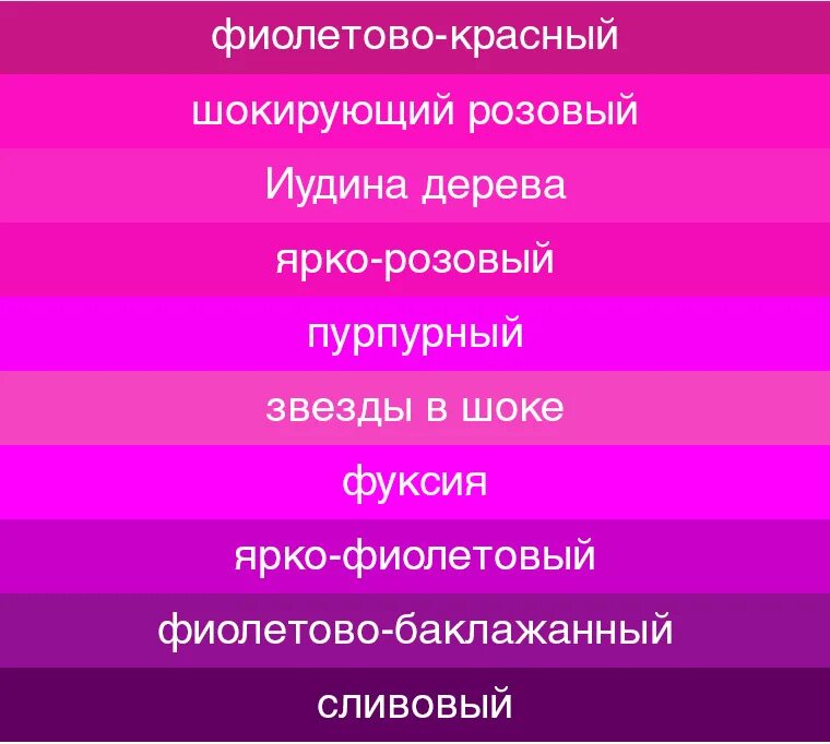 Розовый отличается от красного. Оттенки розового с названиями. Пурпурно розовый цвет. Оттенки розово-сиреневого с названиями. Оттенки фиолетового.