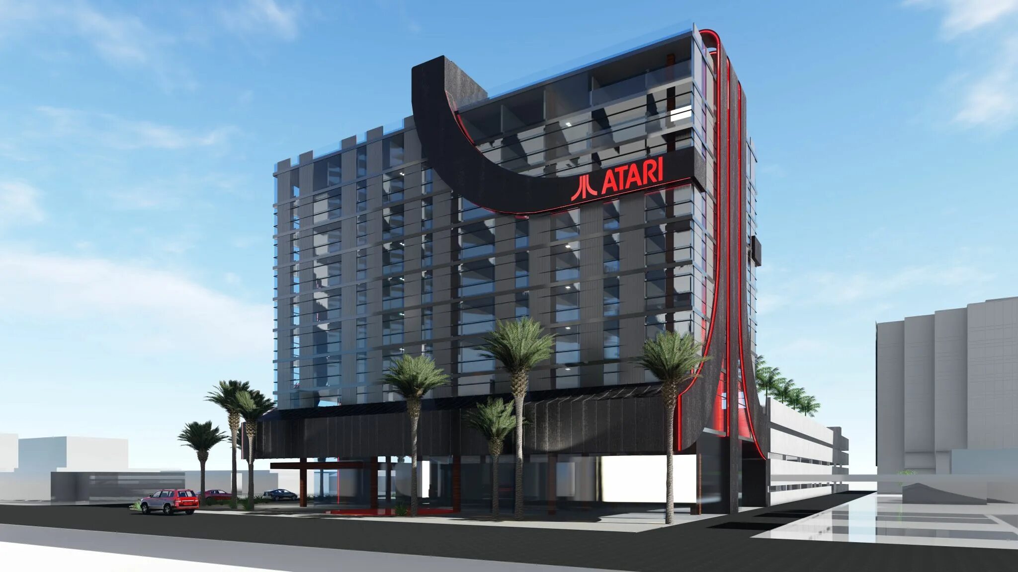 Property gaming. Здание игровой студии. Atari Hotel. Игровая в гостинице. Атари здание компании.