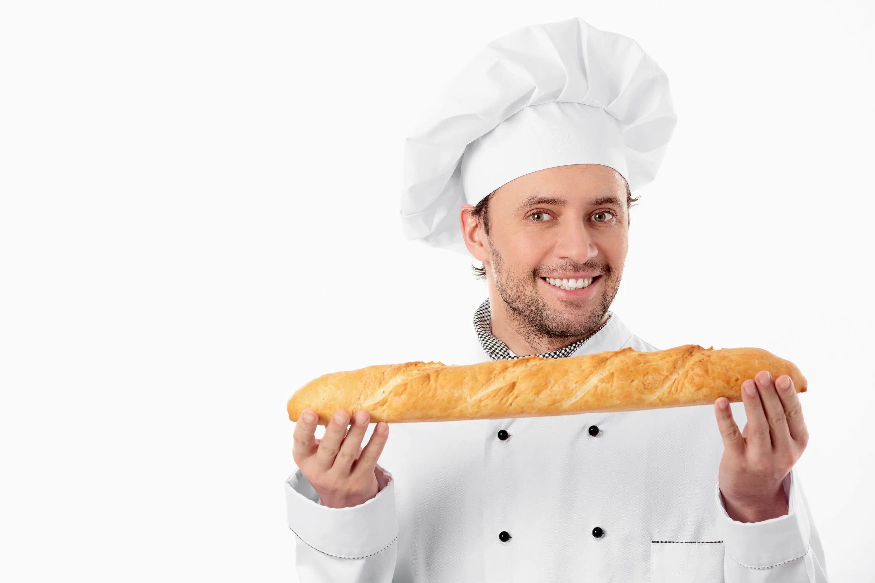 Повар. Повар с хлебом. Пекарь на прозрачном фоне. Пекарь на белом фоне.
