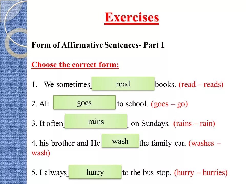 Write affirmative sentences. Form of affirmative sentences. Parts of sentence. Hurry в презент Симпл. Rain в present simple.