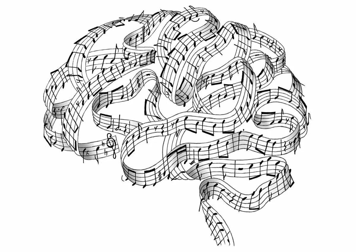 Музыка для памяти мозга слушать. Мозг музыканта. Мозг из нот. Музыкальные рисунки. Ноты в голове.