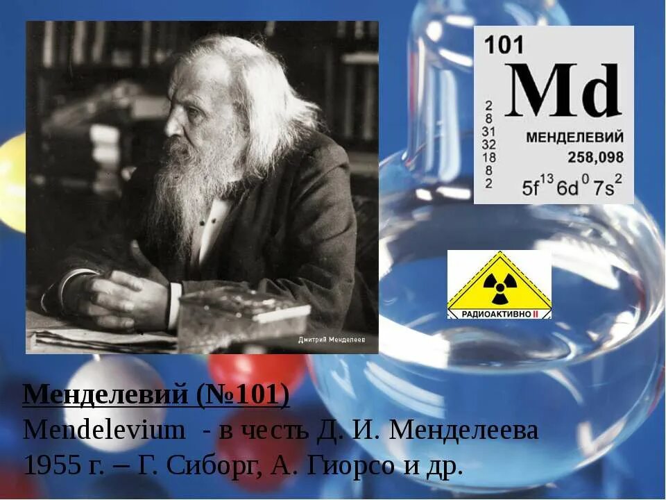 Элемент назван в честь менделеева. Менделевий в таблице Менделеева. Химический элемент № 101 "менделевий". MD менделевий.