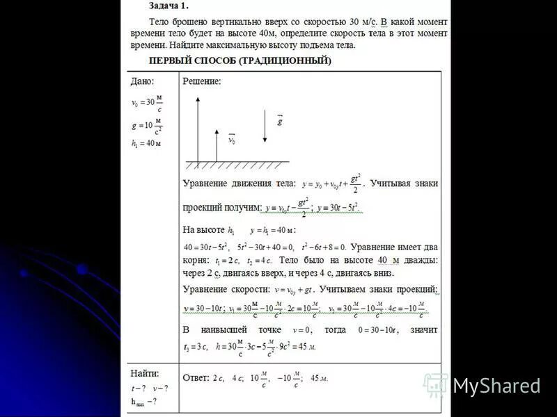 Тело брошено вертикально вверх со скоростью 40