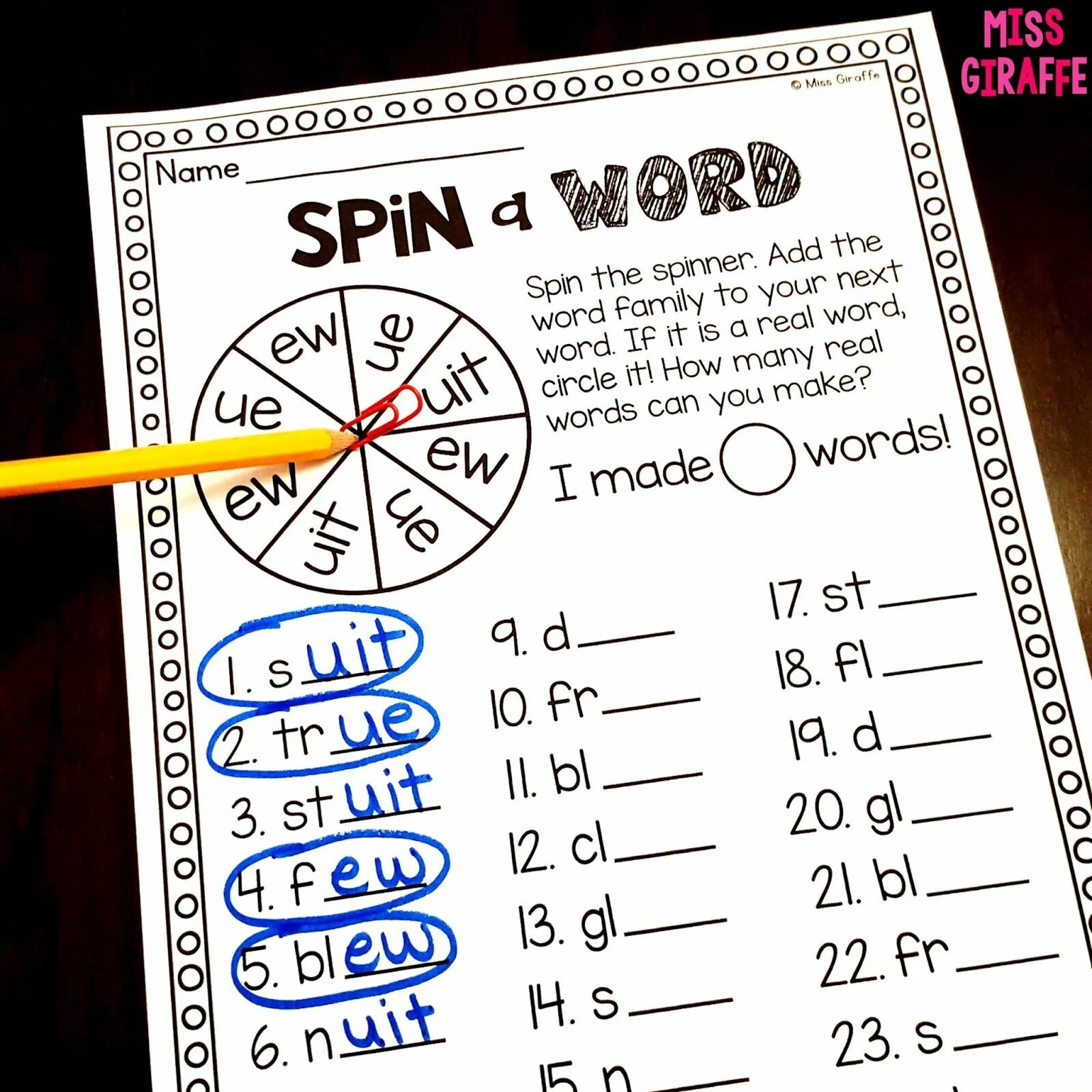 Spin names. UI Phonics. UE Phonics game. EW UE UI Words. Spin a Word.