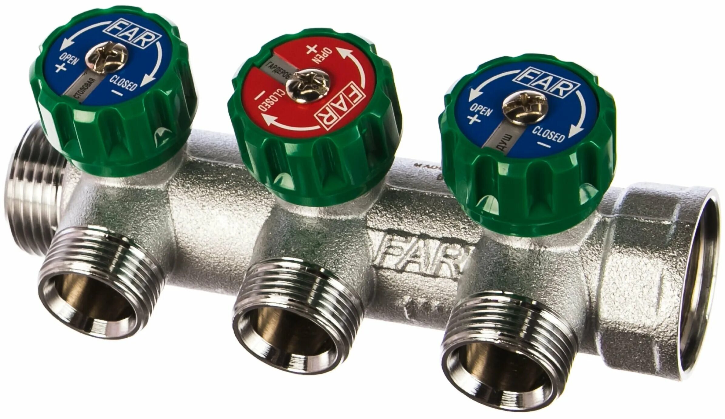 Коллектор проходной регулируемый far multifar (3822 3412tp) 3/4" нр-вр, 3 отвода 1/2" плоское уплотнение. Коллектор far fk 3822 3412tp. Коллектор far 1 на 3 выхода. Регулируемый коллектор far (3/4" с 3 отв. Регулирующий коллектор far 3/4" с 3 отводами на 1/2" fk38223412tp.