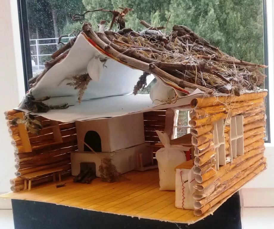 Деревня из спичек. Макеты древних домов. Домик из веток. Изба из картона. Модель деревянной избы.