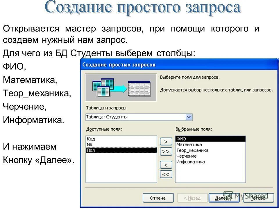 Создание простых запросов. Создание запроса в режиме мастера. Мастер запросов это показать по таблице. Создайте запрос с помощью конструктора. Создание запроса с помощью мастера.