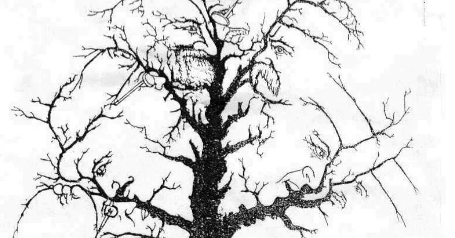 Сколько видите на картинке. Иллюзия дерево с лицами. Сколько лиц на рисунке дерево. Дерево с лицами головоломка. Найди лица на дереве.