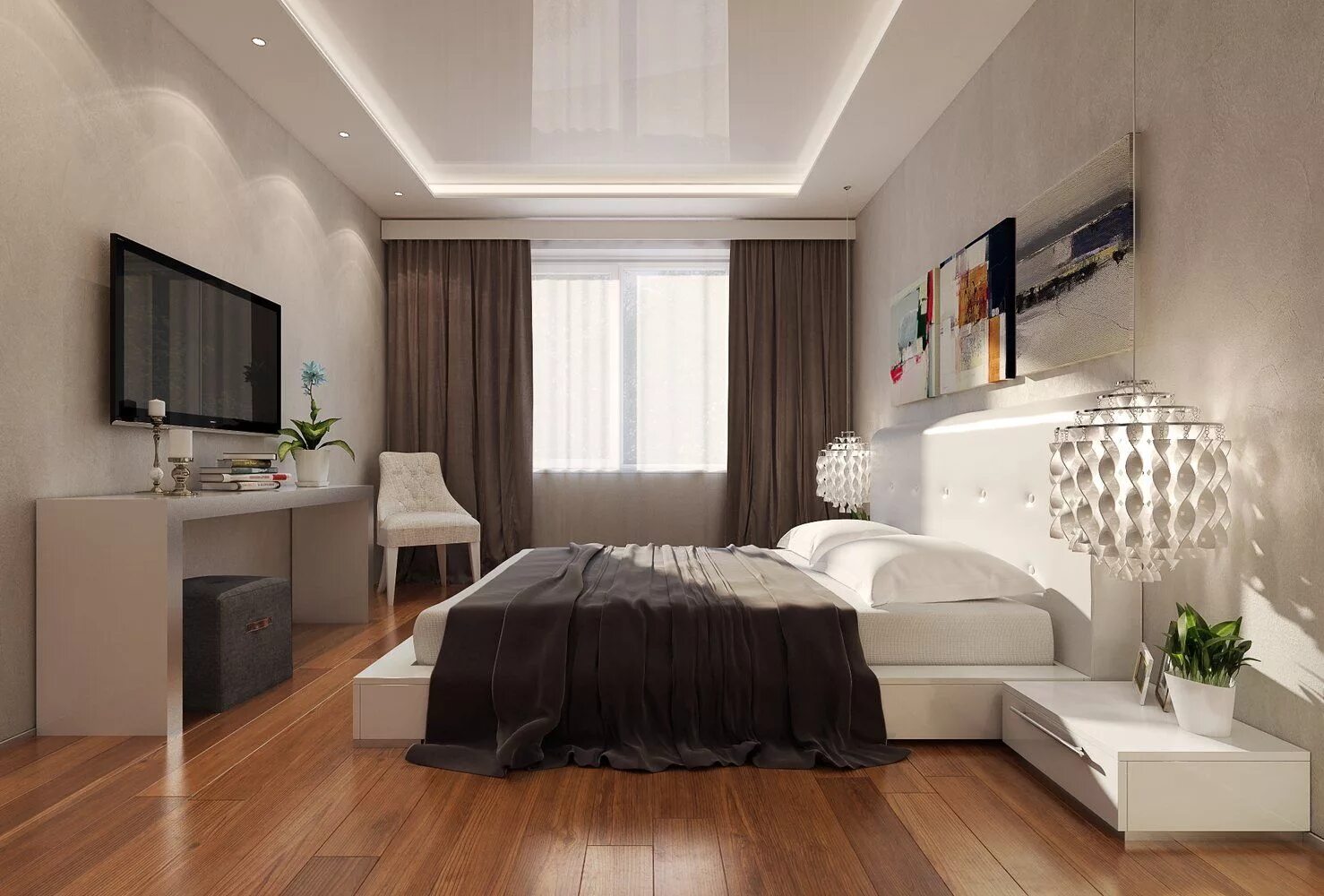Интерьер спальни. Спальня в современном стиле. Современный потолок в спальне. Дизайнерские решения для спальни.