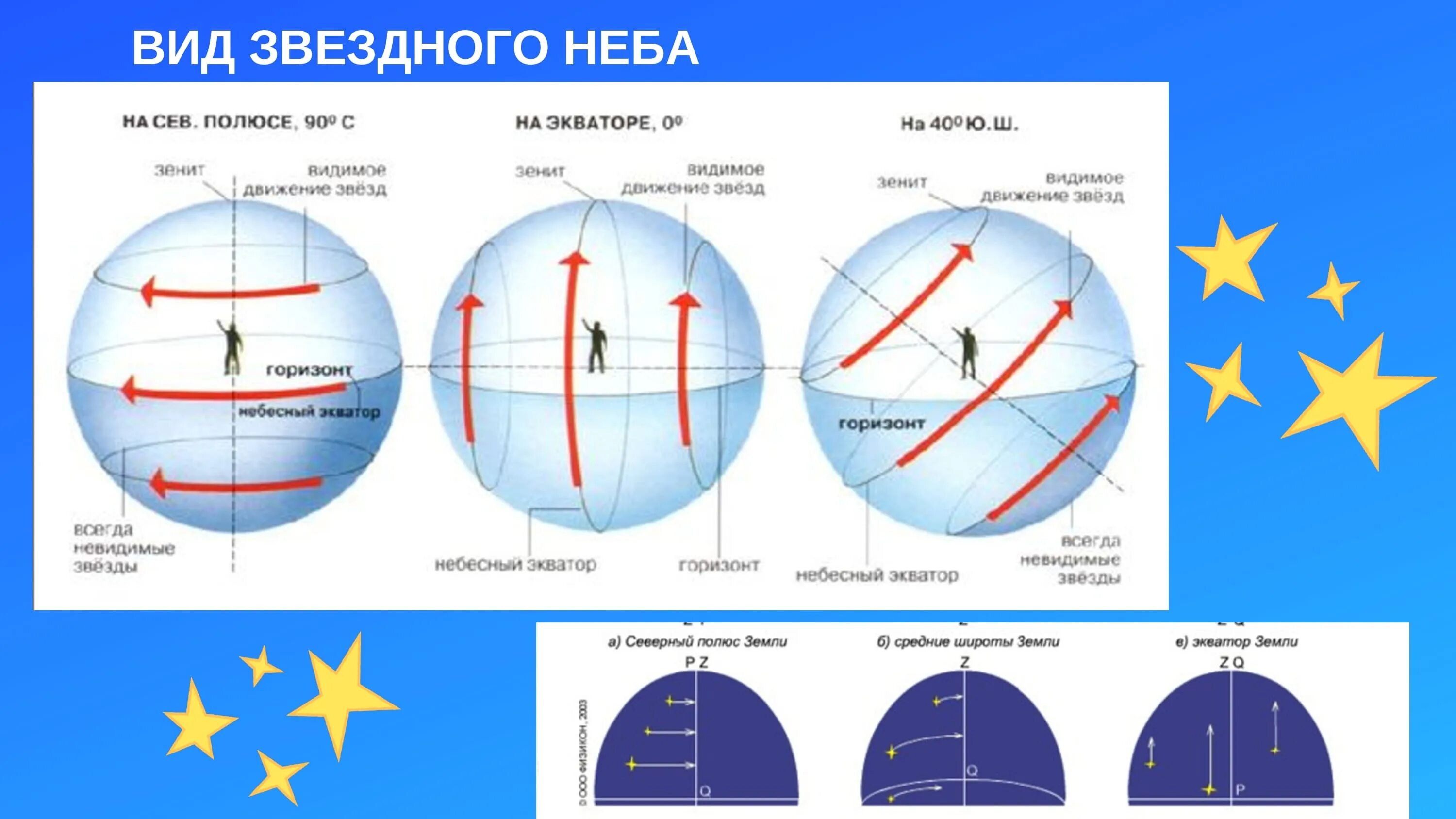 Движение звезд на экваторе. Суточное вращение звезд на разных широтах. Вид звездного неба на различных широтах. Небесные координаты. Видимое движение небесных сфер