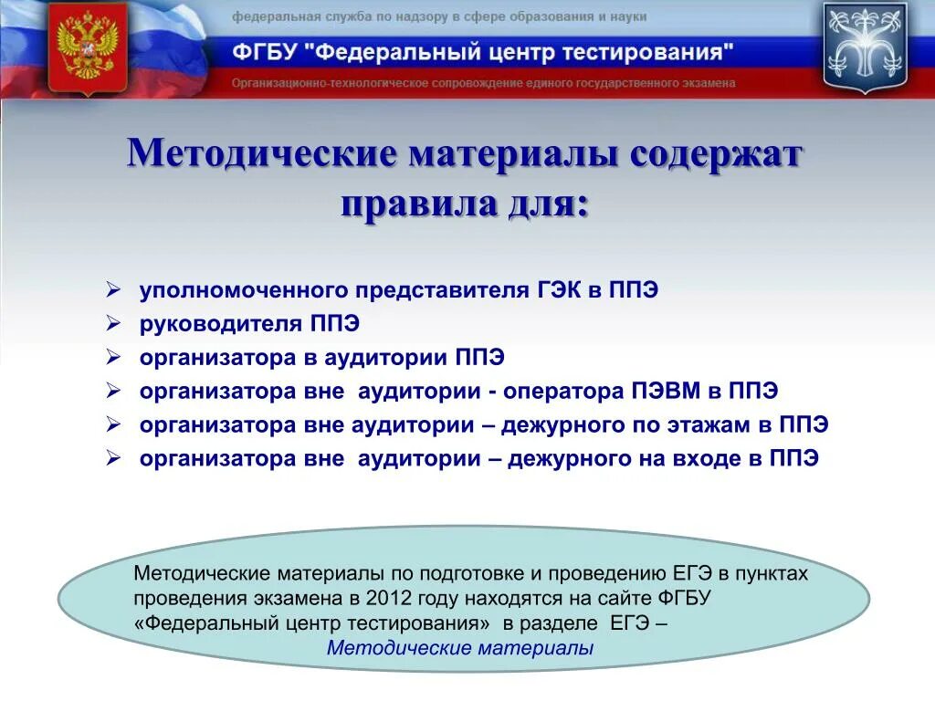 Итоговое тестирование организаторов вне аудитории ответы. Пункт проведения ЕГЭ. Методические материалы ЕГЭ. ГЭК ЕГЭ. Федеральный центр тестирования.