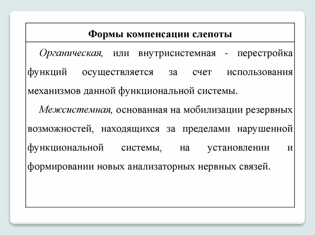 Формы компенсации слепоты. Внутрисистемная компенсация. Примеры внутрисистемной компенсации. Межсистемная компенсация это в специальной психологии.