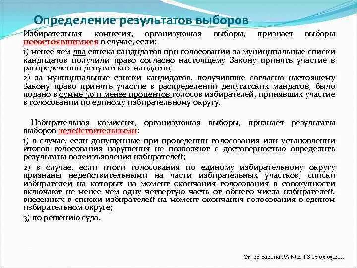 Определение результатов выборов. Порядок признания выборов состоявшимися. Несостоявшиеся и недействительные выборы. Определение результатов выборов избирком. Результатов определяется временем в