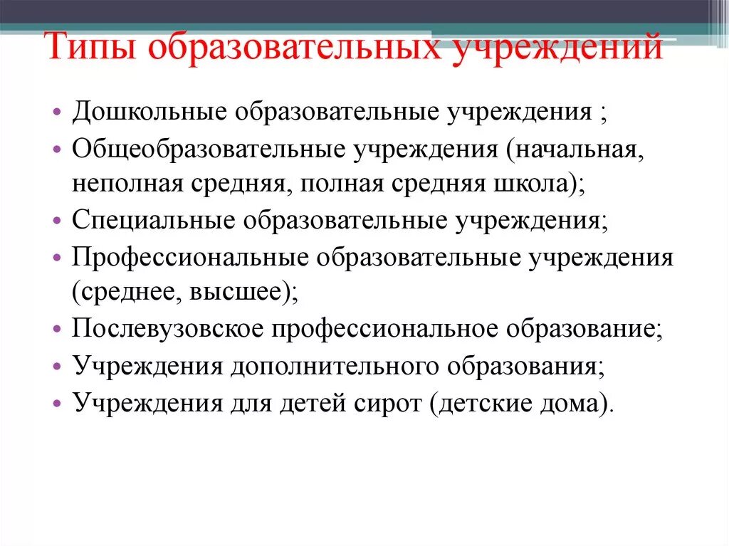 Виды образовательных учреждений. Типы и виды образовательных организаций. Типы учебных заведений. Виды общеобразовательных организаций.