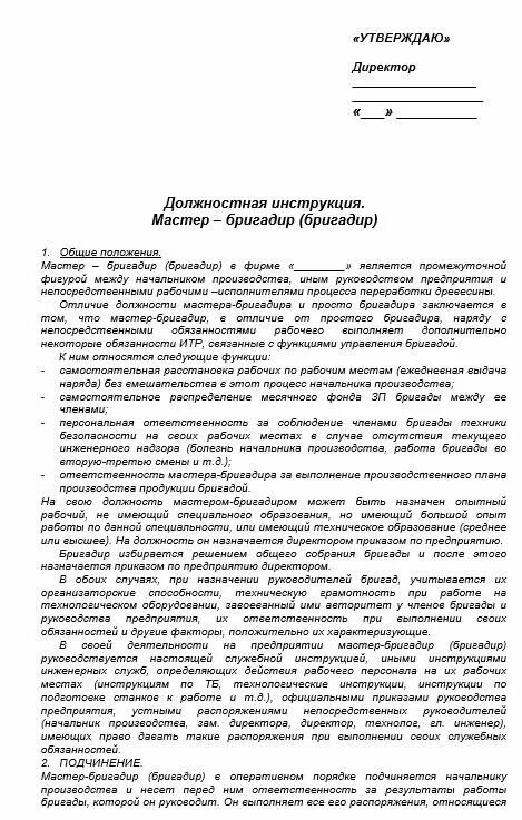 Бригадир подготовки производства должностная инструкция. Должностная инструкция бригадира на производстве. Обязанности бригадира на швейном производстве. Обязанности бригадира строительной бригады должностные инструкции.