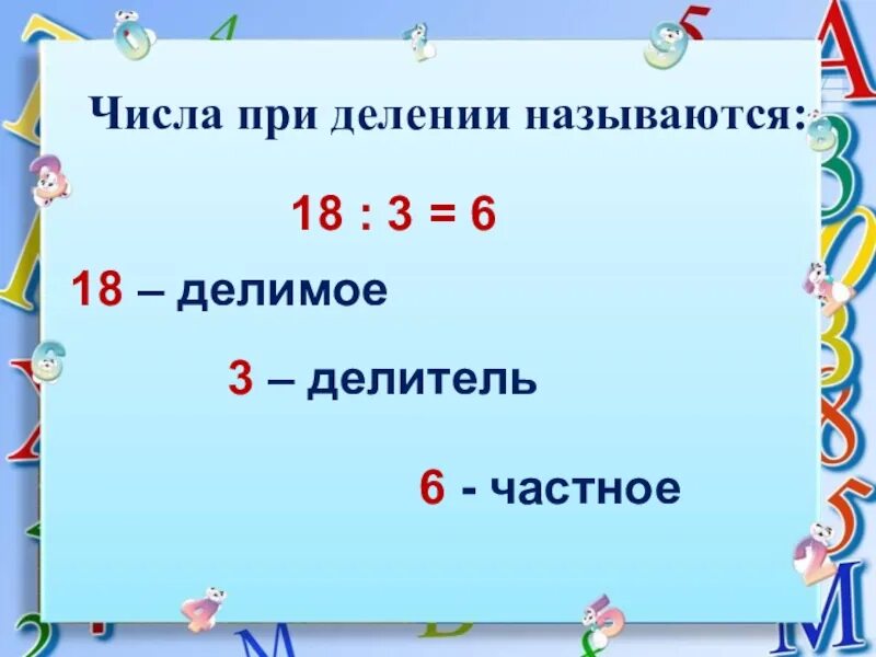 Презентация 3 класс математика деление. Называются сила при деление. числа при делении называются. название чисел при делении. как называютсч числа прт делегие.