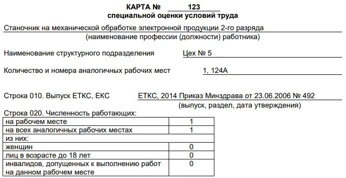 Приказ соут 2023. Карта специальной оценки условий труда рабочего места. Карта специальной оценки условий труда образец. Карта специальной оценки рабочего места по условиям труда образец. Образец карты специальной оценки условий труда пример заполнения.