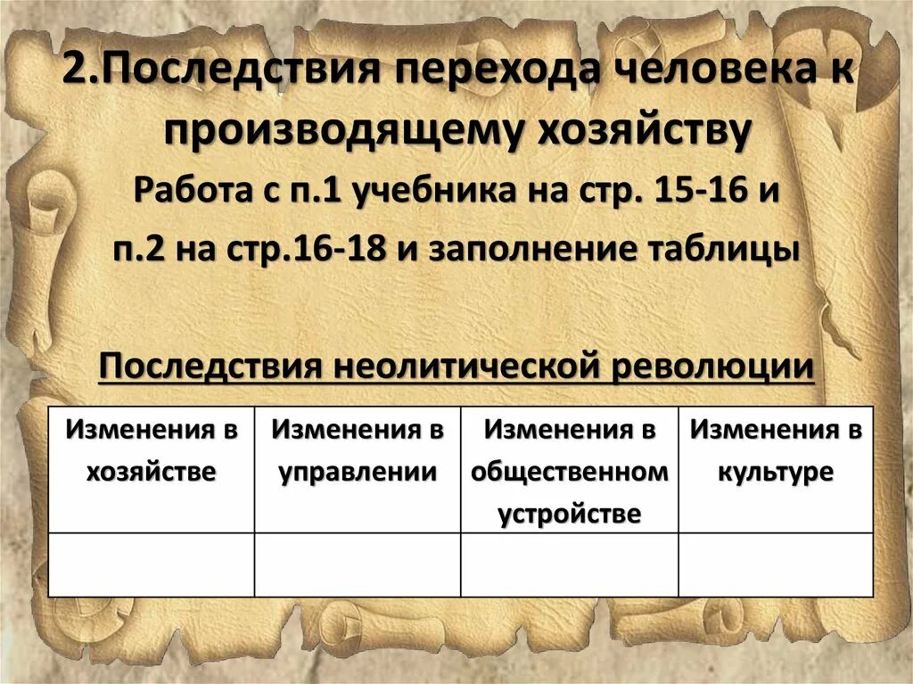 Изменения в хозяйстве изменения в управлении таблица. Последствия неолитической революции таблица. последствия неолитической революции. последствия перехода к производящему хозяйству. неолитическая революция изменения.
