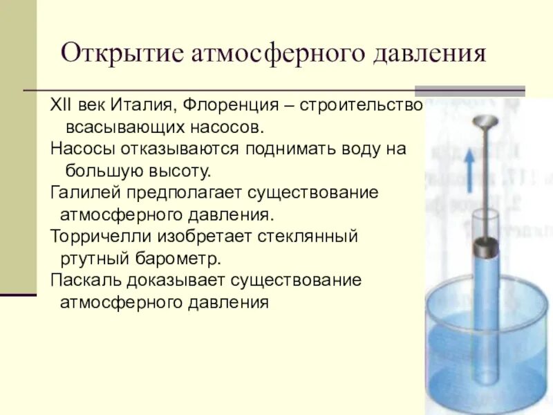 История открытия атмосферного давления 7 класс физика. Открытие атмосферного давления Торричелли. История открытия атмосферного давления кратко. Открыватель атмосферного давления. Изменение атмосферного давления кто открыл