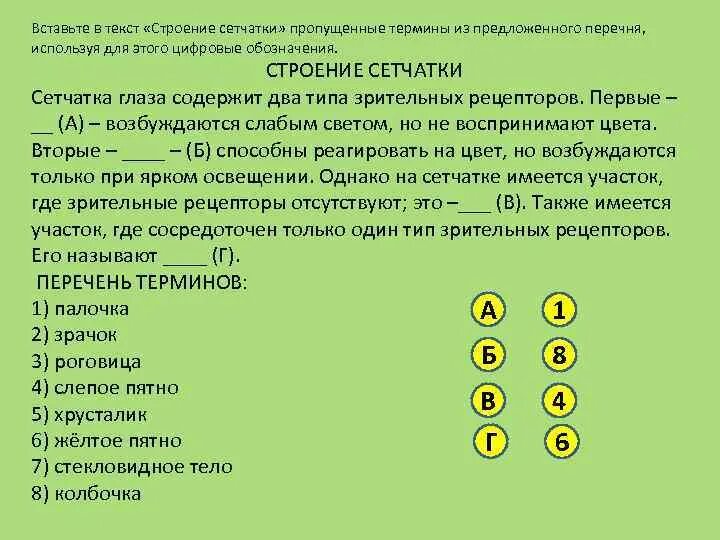 Для текста не характерна ответ. Вставьте в текст пропущенные термины из предложенного перечня. Текст из цифр. Вставь в текст пропущенный термин из предложенного перечня. Вставь в текст строение сетчатки.