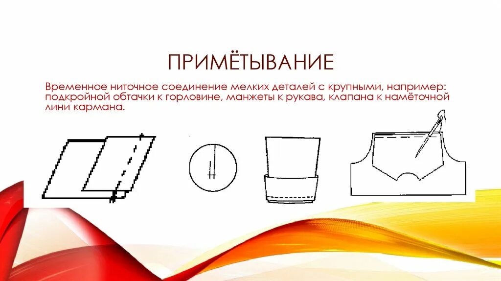 Временное ниточное соединение. Приметывание. Приметать это в технологии. Примётывание схема. Ниточное соединение деталей.