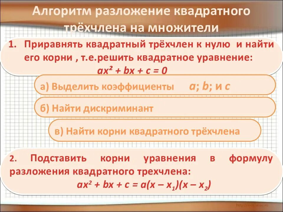 Разложение квадратного трехчлена на множители. Алгоритм разложения квадратного трехчлена на множители. Разложите на множители квадратный трехчлен. Квадратный трехчлен разложение квадратного трехчлена на множители.