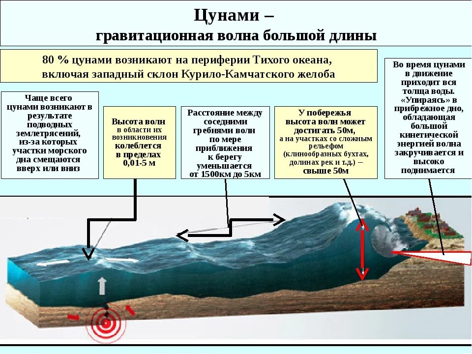 Подводные землетрясения в океане. ЦУНАМИ схема возникновения. ЦУНАМИ механизм возникновения. Схема образования ЦУНАМИ. Процесс образования ЦУНАМИ.