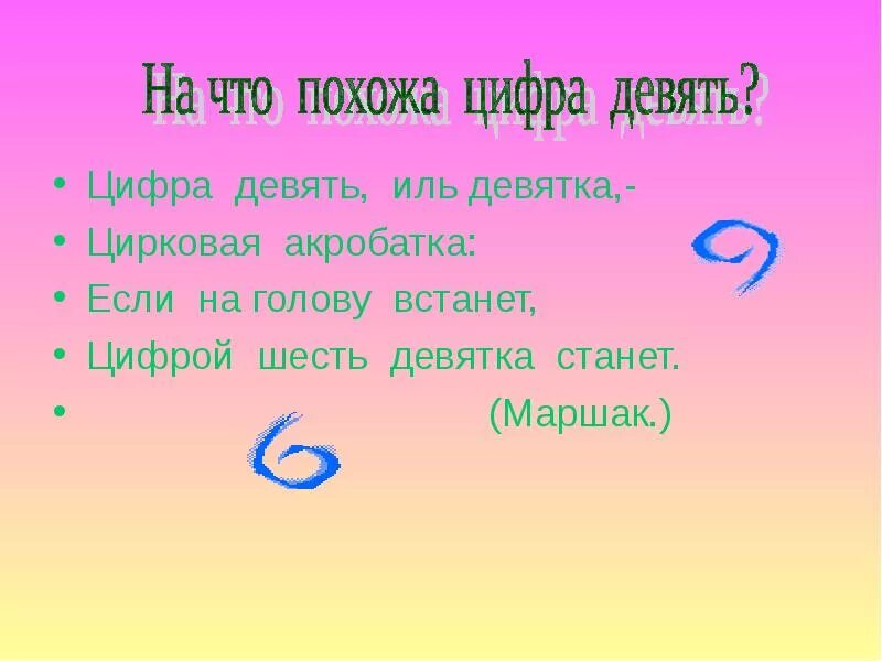 Без девяти девять это сколько. На что похожа цифра 9. Маршак цифра 9. История о цифре девять. Цифра 9 презентация 1 класс.