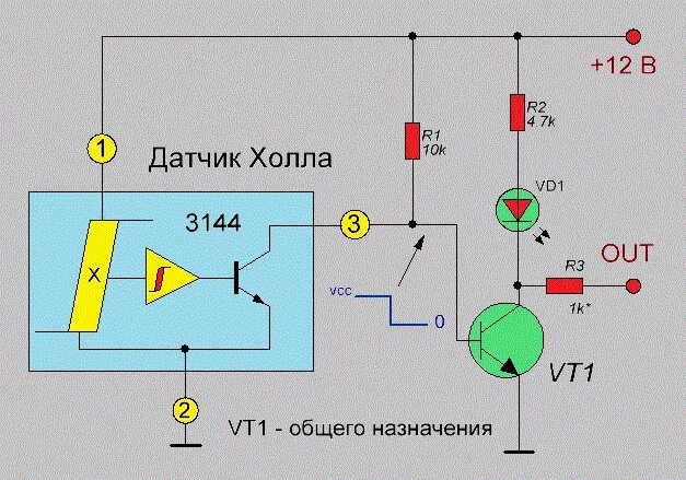 Как подключить датчик холла. Схема подключения аналогового датчика холла. Датчик холла принцип работы схема подключения. Датчик холла автомобильный схема. A3144 датчик холла схема включения.