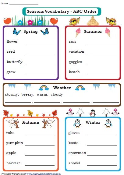 Seasons Vocabulary. Alphabetical order for Kids. Put the Words in Alphabetical order for Kids. Hyphens Worksheet.