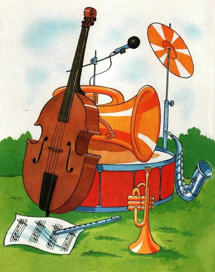 Музыкальные инструменты иллюстрации. Сказочные музыкальные инструменты. Музыкальные инструменты рисунки. Детский оркестр рисунок для детей. Скрипка ударные