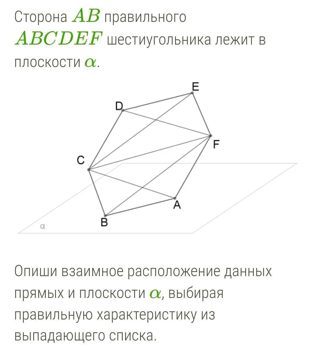 Шестиугольник со сторонами abcdef. Опиши взаимное расположение данных прямых и плоскости. Сторона правильного шестиугольника. Правильный шестиугольник на плоскости. Сторона лежит в плоскости.