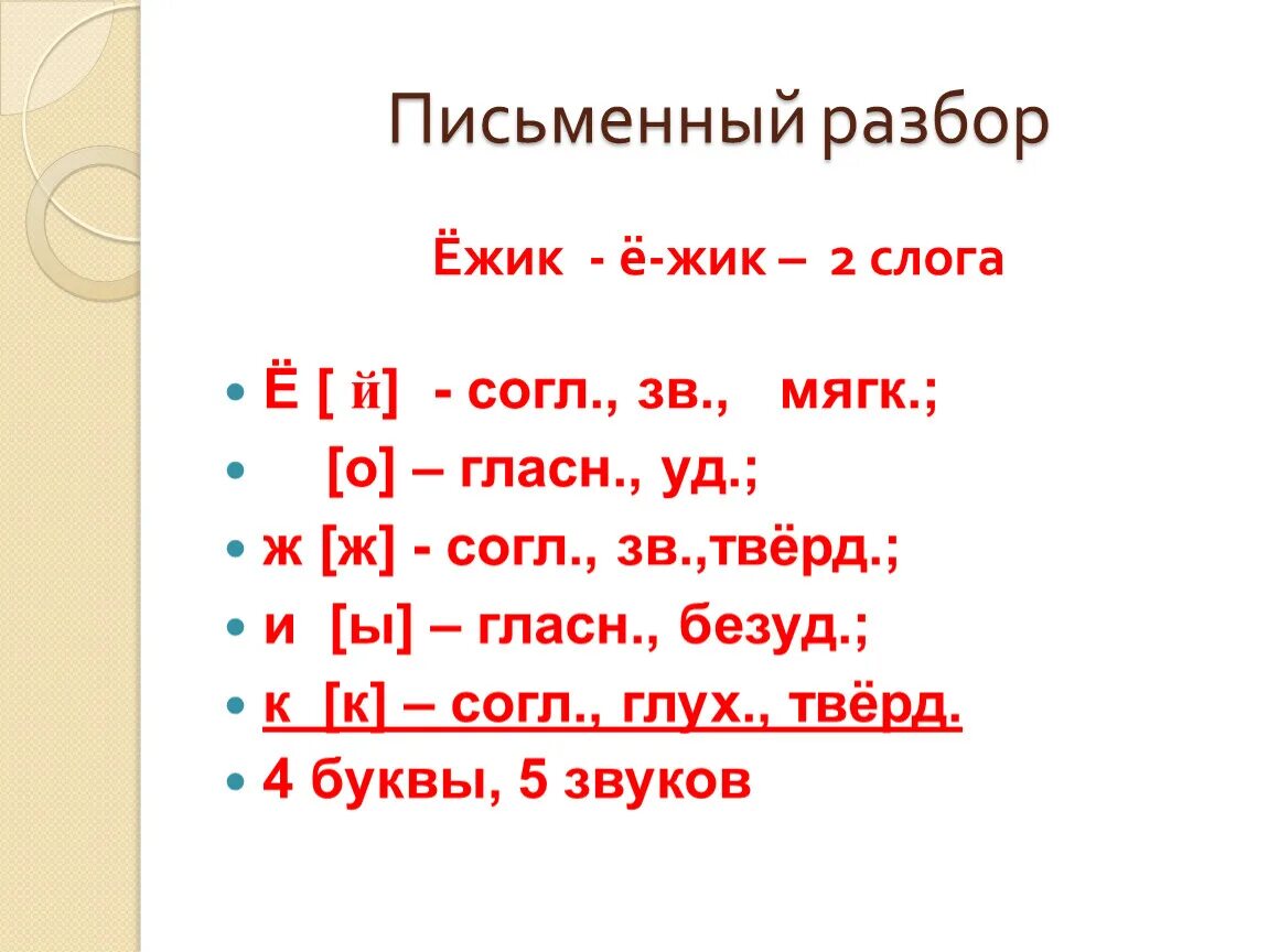 Ежик количество звуков. Письменный разбор. Письменный фонетический разбор. Фонетический разбор слова Ёжик. Звукобуквенный анализ слова Ежик.