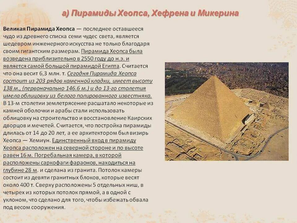 Два исторических факта о пирамиде хеопса. Пирамида Хеопса сообщение 5 класс. Пирамида Хеопса семь чудес света. Пирамиды Хеопса Хефрена и Микерина. Пирамида Хеопса сообщение 5 класс по истории.