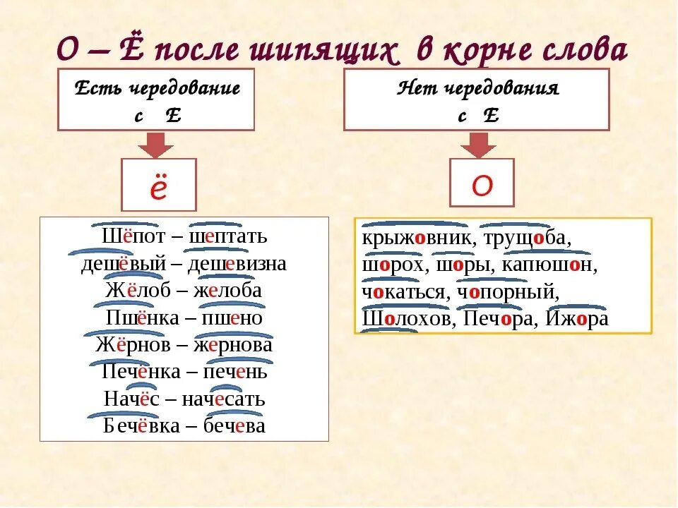 Красные в корне слова. Правило написания букв о ё после шипящих в корне слова. О Ё В корнях после шипящих. Корни о е после шипящих правило. Буквы ё о после шипящих в корне правило.