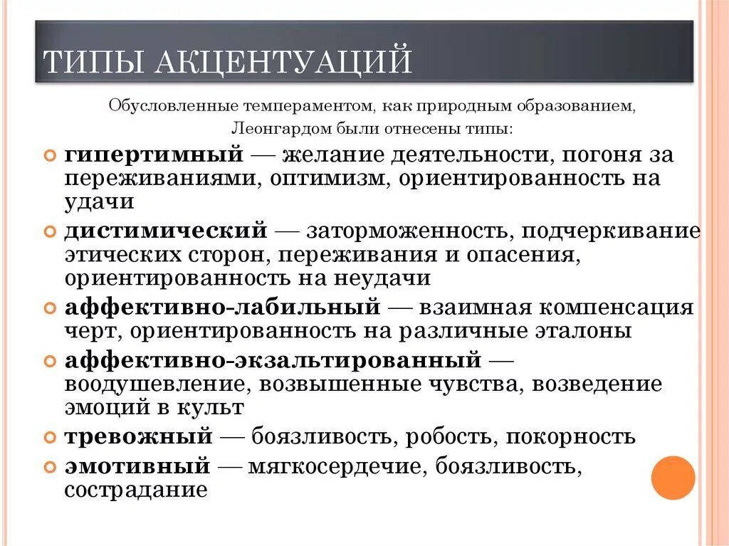 Тип акцентуации характера тест. Типы акцентуации. Типы акцентуации личности. Типы акцентуации характера. Типы акцентуации личности по Леонгарду.