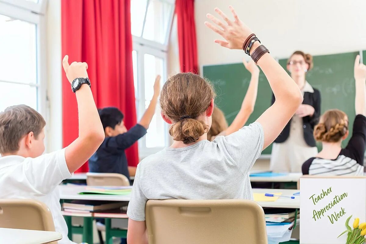 Фотография класса с учащимися с поднятыми руками. Школьный класс в Австрии. Студент поднимает руку. Младшие школьники поднимают руки. Коллега по классу в школе